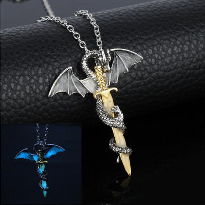 Dragon sword pendant necklace with silver chain, bat wings, and gold accents