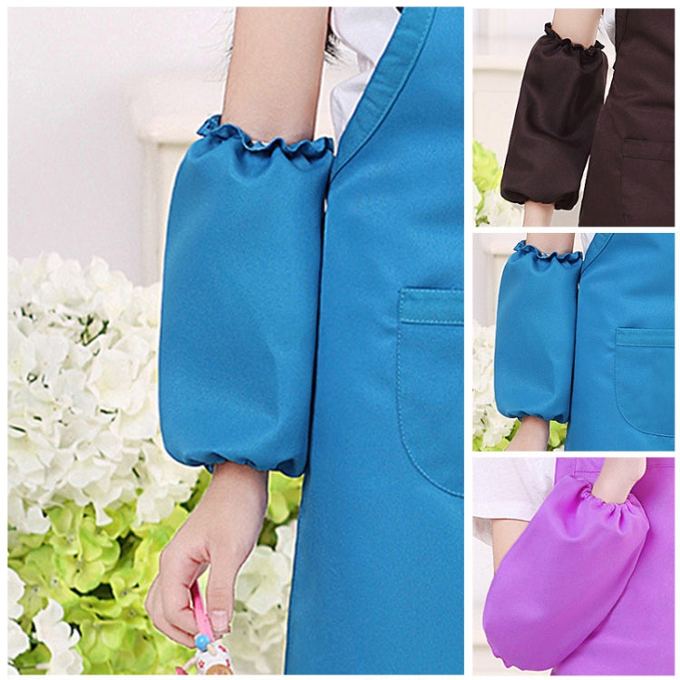 Kids painting apron with blue drawstring sleeves and front pocket (color options shown)