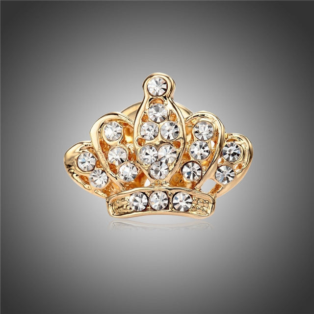 Gold mini crown-shaped brooch with clear rhinestones in round settings
