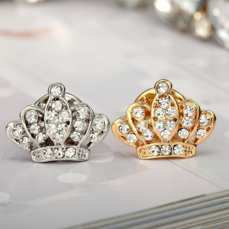Crown brooch pair: gold and silver mini crowns with clear rhinestones