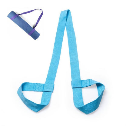 Sky blue yoga mat strap with two end loops and purple accent webbing