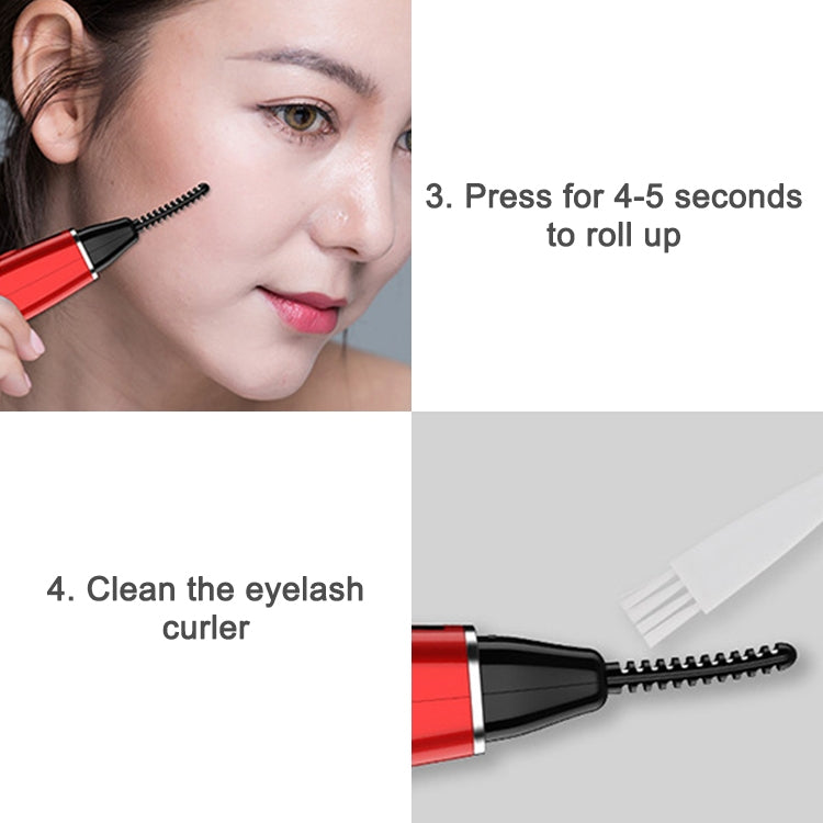 Red and black electric eyelash curler with heated comb tip and cleaning head