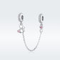 S925 silver cat safety chain charm bracelet with glittery pink CZ heart