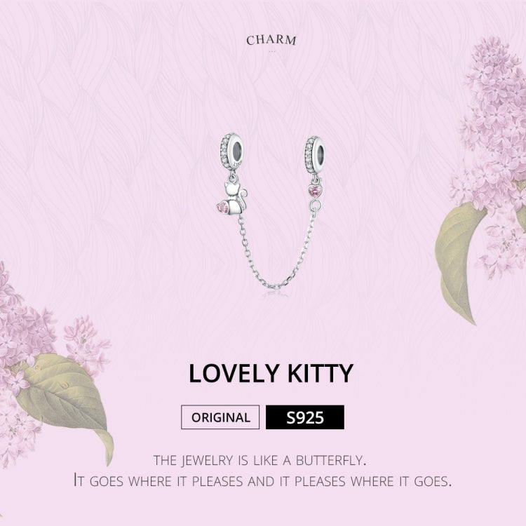 S925 silver cat charm safety chain bracelet displayed on a pink themed card