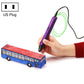 Purple 3D printing pen with US plug, hand decorating a blue and red bus model