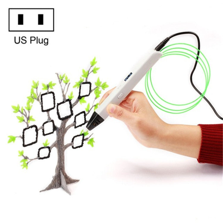 White 3D printing pen with US plug, hand drawing a branch-and-block flower tree
