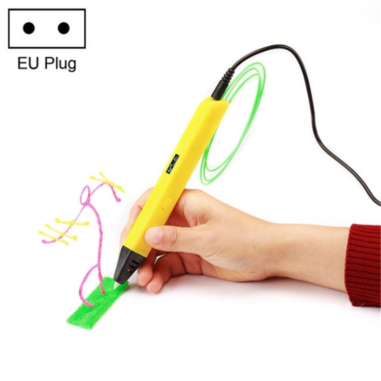 Yellow 3D printing pen with EU plug, hand using the tip to draw green and pink lines