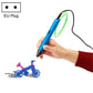 Blue 3D printing pen in hand with green filament, EU plug option.