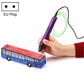 Purple 3D printing pen in hand with green filament, EU plug; bus model shown.