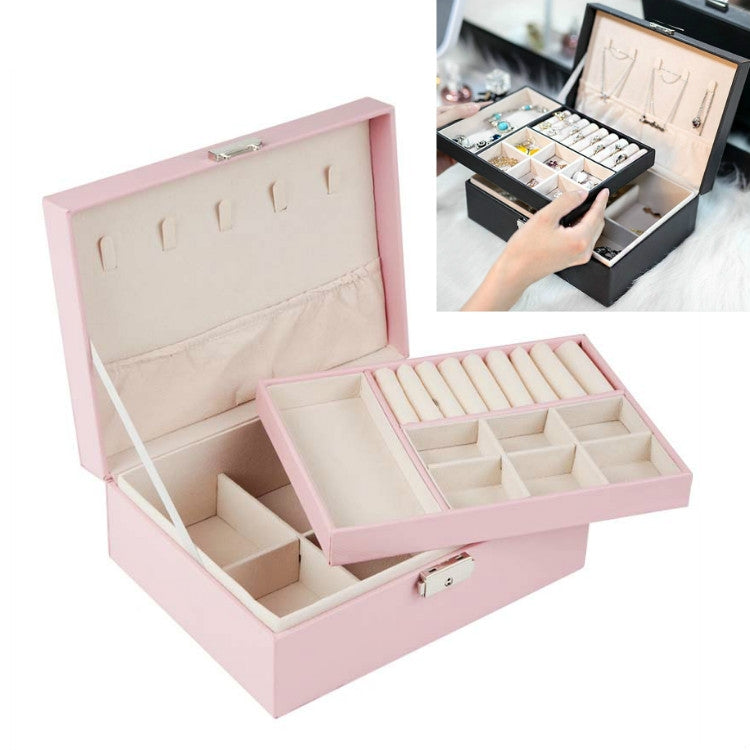 Pink double-layer jewelry storage box with open compartments for necklaces and rings