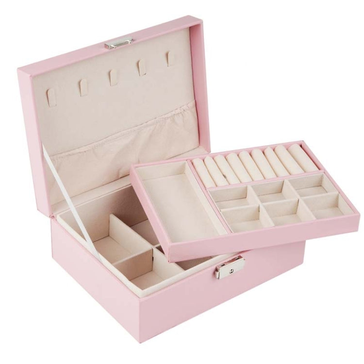 Pink double-layer jewelry storage box open, showing necklace slots and ring compartments