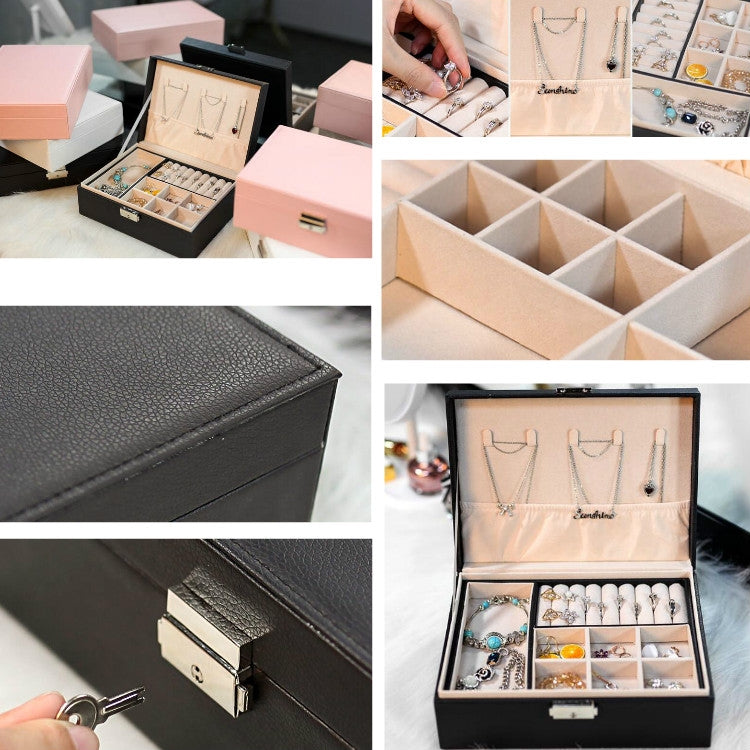 Black and pink double-layer jewelry storage box interiors with multi-compartment organizers