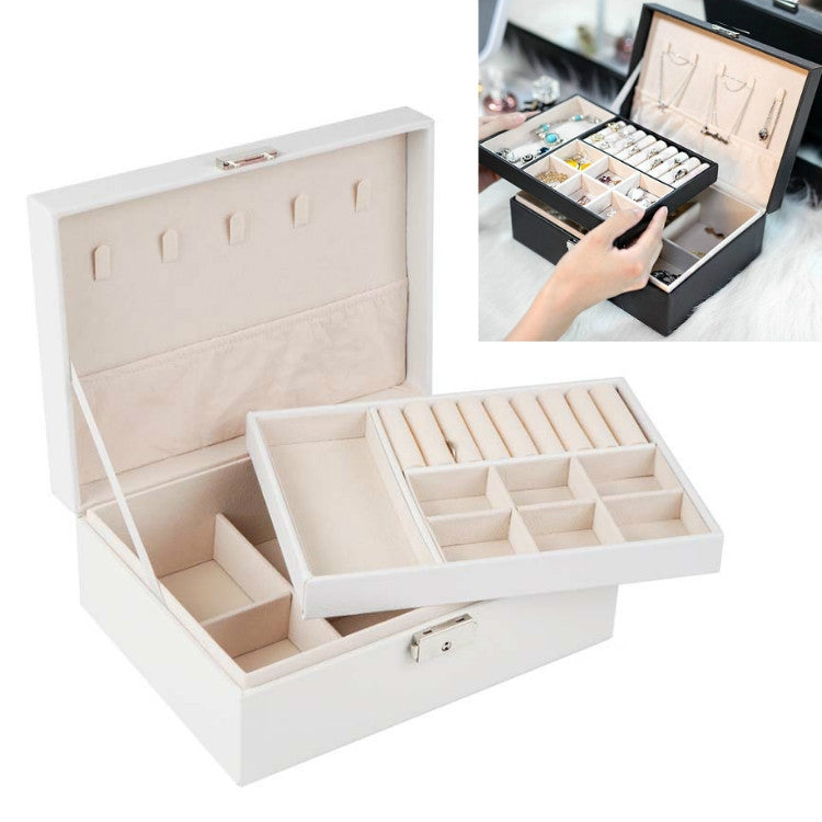 White double-layer jewelry storage box open with compartments for necklaces and rings