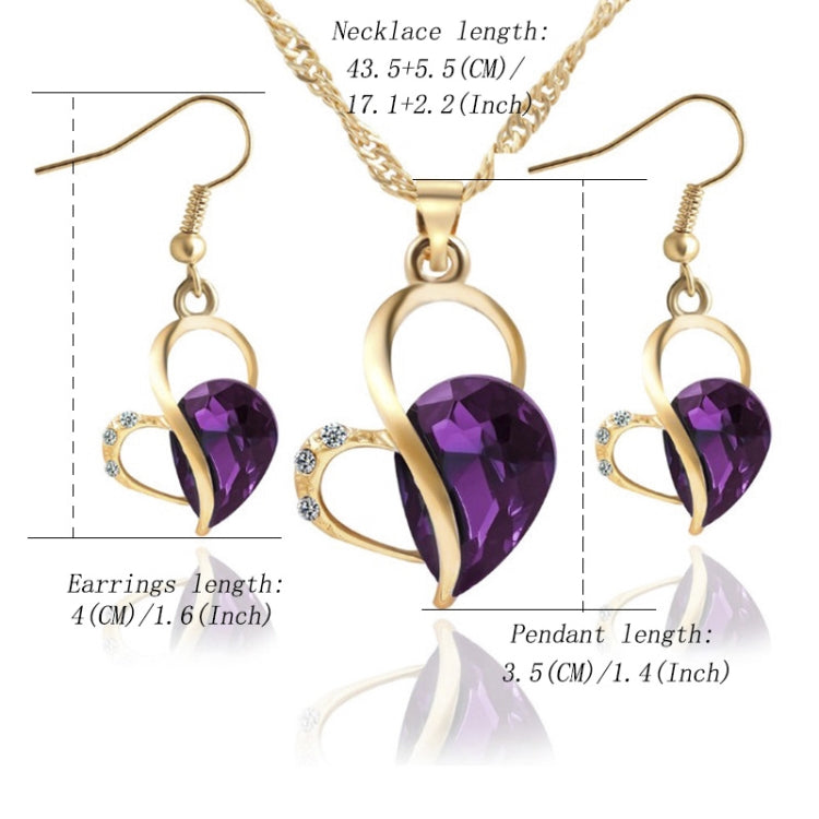 Gold-tone heart crystal pendant necklace set with matching drop earrings, purple gemstone