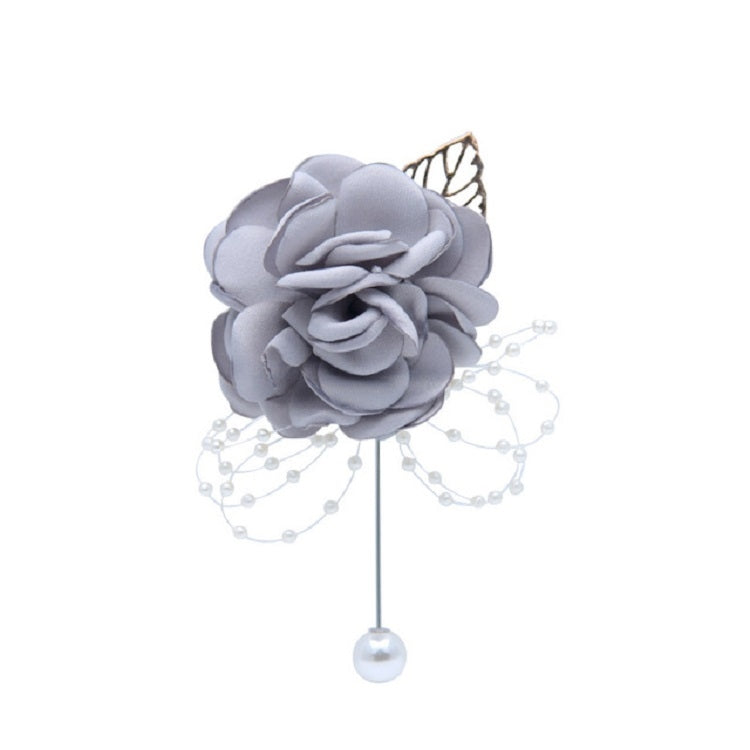 Light gray fabric flower pearl brooch with dangling pearl bead fringe and round pearl drop