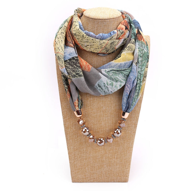 Chiffon scarf with geometric patch print and crystal beaded necklace, multicolor
