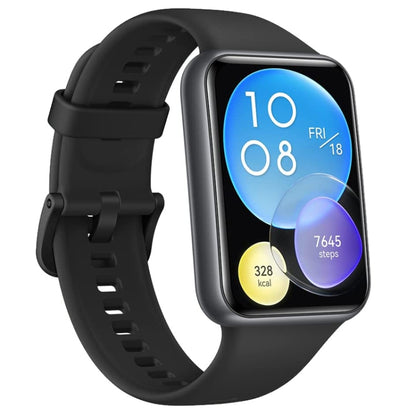Smart sports watch with black band and blue touchscreen display