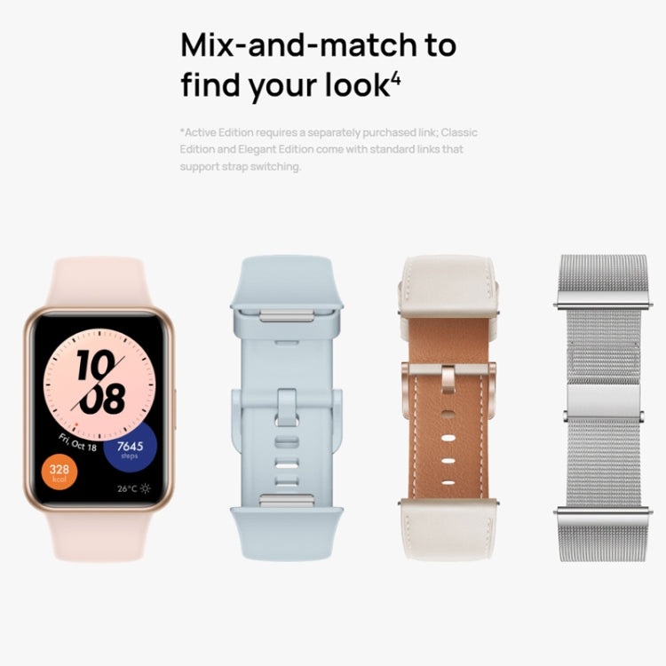 Smart sports watch with four strap colors: blush, light blue, beige, silver