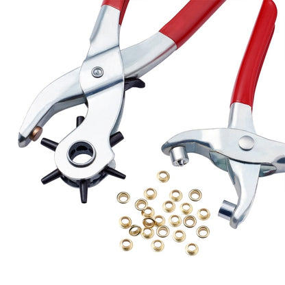Red-and-chrome eyelet punch pliers with metal eyelets and rivets
