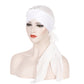 Women's white chiffon cross-turban hat with long trailing scarf tails