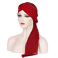 Women's deep red chiffon cross-turban hat with long draped tail
