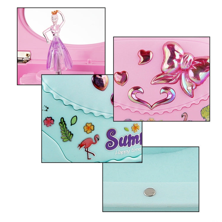 Blue music jewelry box close-ups showing decorative heart and bird graphics