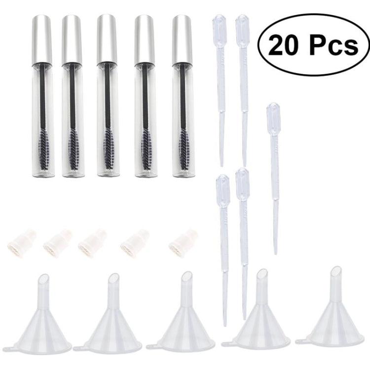 Mascara tube and wand kit with multiple clear transfer pipettes and funnels, 20 pcs