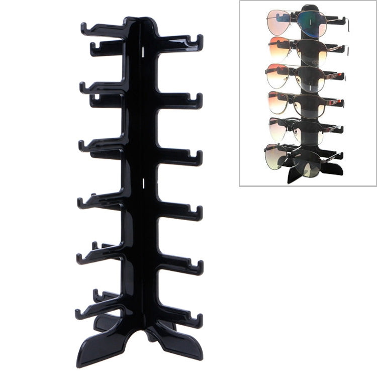 Black 6-level plastic eyeglass display stand with multiple frame holder arms