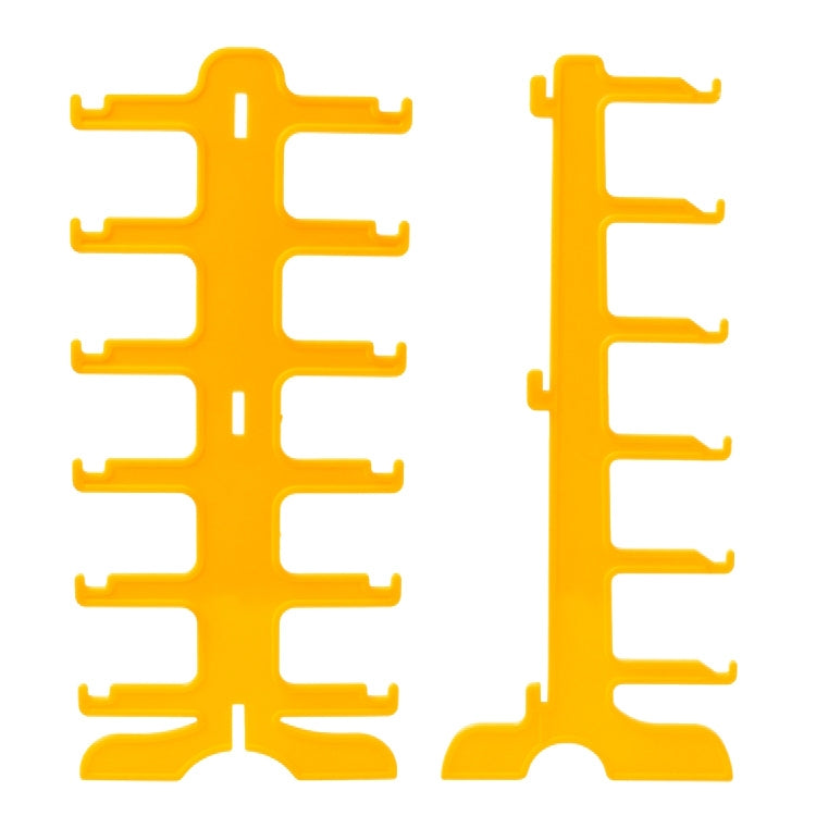 Yellow plastic eyeglass display stand with multiple frame holder arms