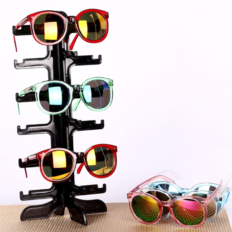Black 6-level eyeglass rack holding multiple sunglasses across the arms