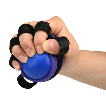 Five-finger grip rehab ball, blue center with black finger straps held in hand