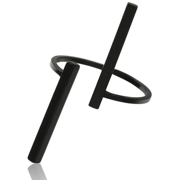 Black geometric open finger ring with two bar accents and an open band