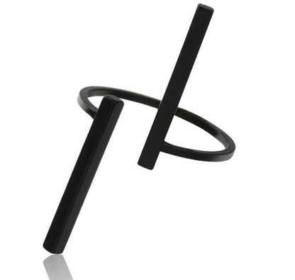 Black geometric open finger ring with two bar accents and an open band