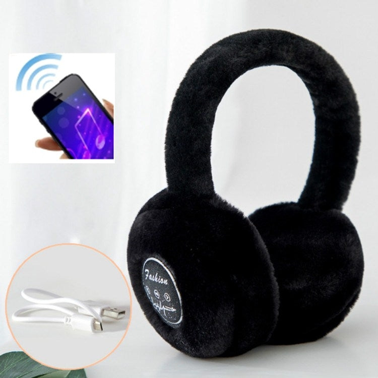 Black plush over-ear Bluetooth earmuffs with control panel on ear pad