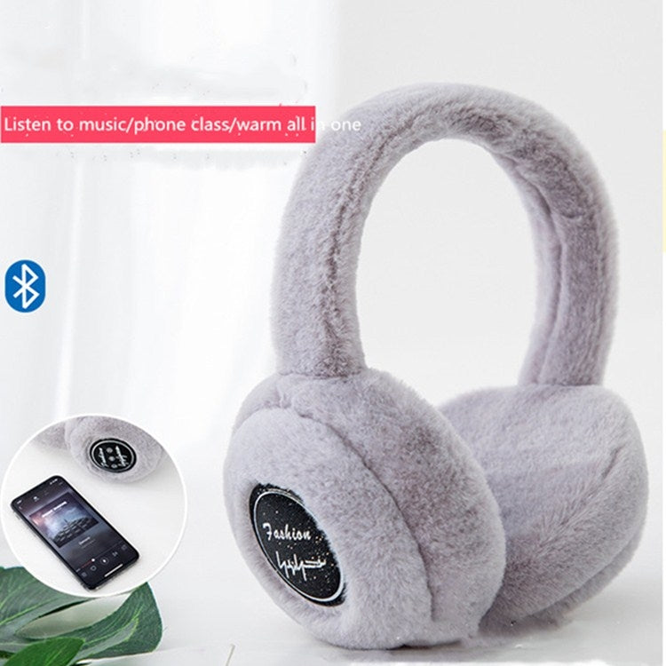 Light gray plush Bluetooth earmuffs with over-ear headband