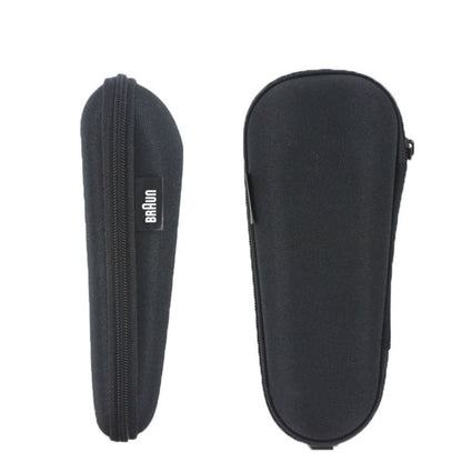 Black zippered electric shaver travel case with molded interior and Braun logo