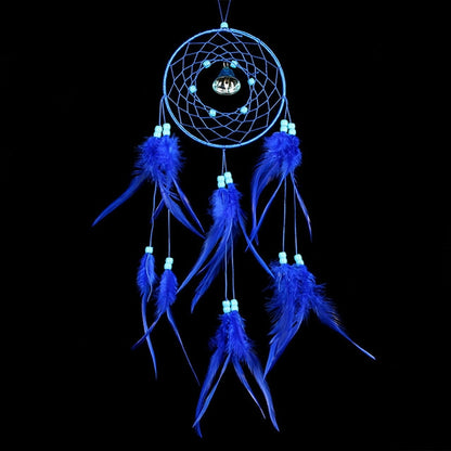 Blue dream catcher wall hanging with woven hoop, bell charm, and long feather strands