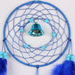 Blue dream catcher wall hanging with circular webbing and small bell charm at center