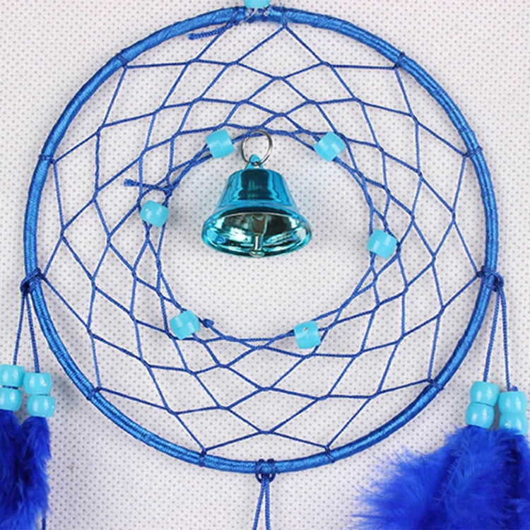 Blue dream catcher wall hanging with circular webbing and small bell charm at center