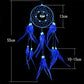 Blue dream catcher wall hanging with web hoop, bell charm, and long feather strands