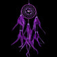 Purple dream catcher wall hanging with woven hoop, bell charm, and long feather tassels