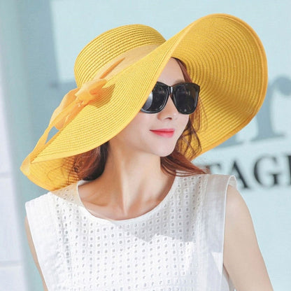 Foldable wide-brim sun hat, yellow straw with wide floppy brim