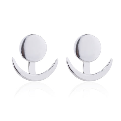 Silver crescent moon stud earrings with round top plates and curved geometric bars