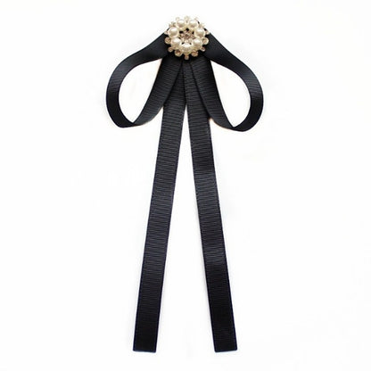 Black ribbon bow tie collar accessory with faux pearl cluster center