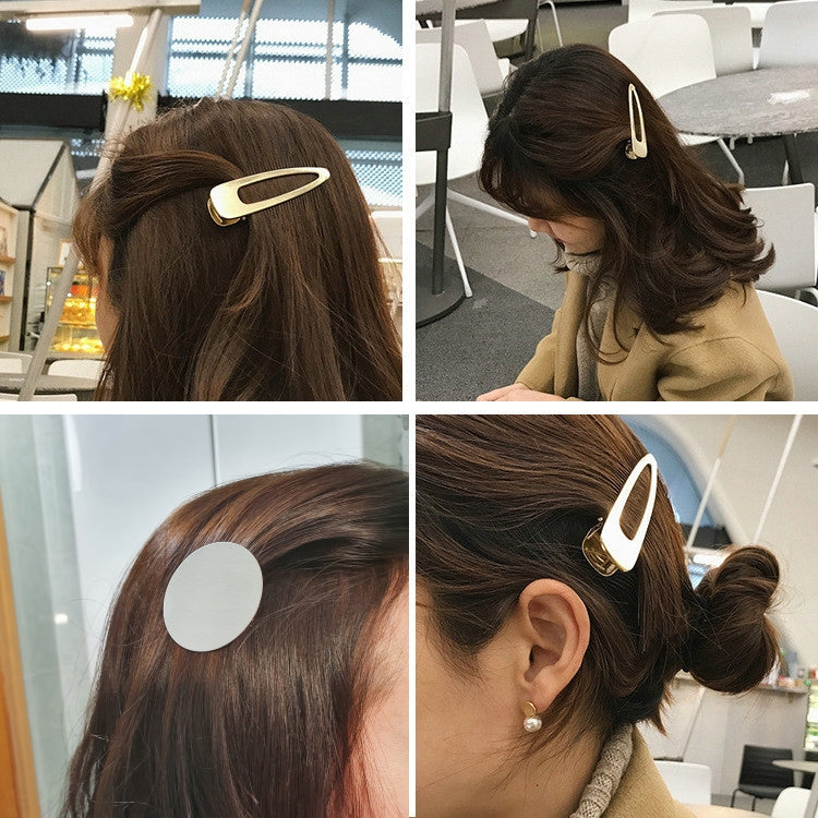 Gold metal snap hair clips clipped into styled dark hair, front and side views