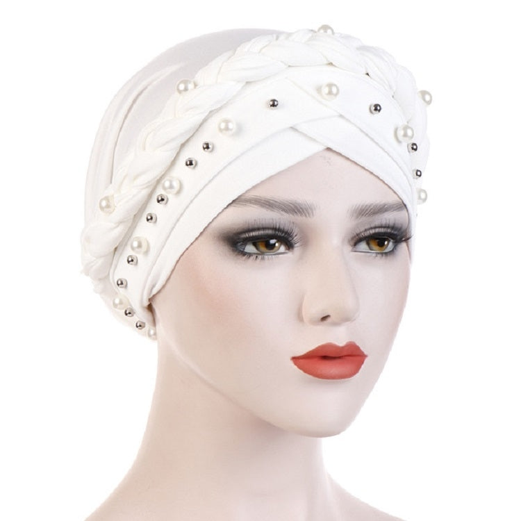 Ladies turban cap with pearl rivet embellishment, braided wrap design, white headscarf