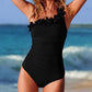 Women’s black one-shoulder one-piece swimsuit with ruffle detail at the neckline