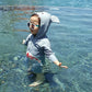 Light blue hooded shark swim suit with front zipper and red jagged mouth graphic