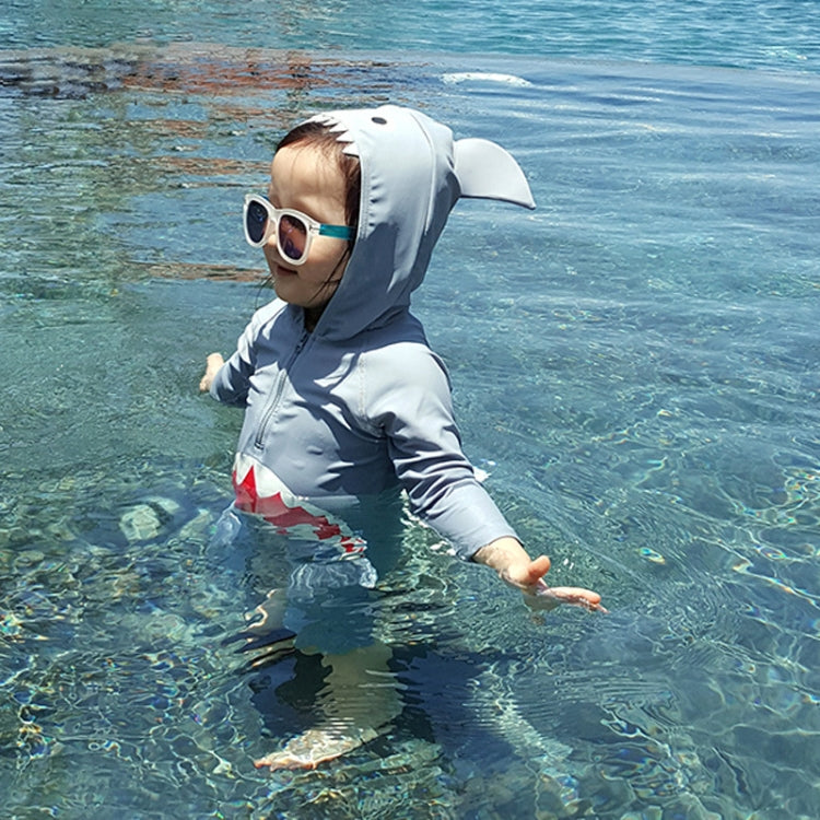 Light blue hooded shark swim suit with front zipper and red jagged mouth graphic