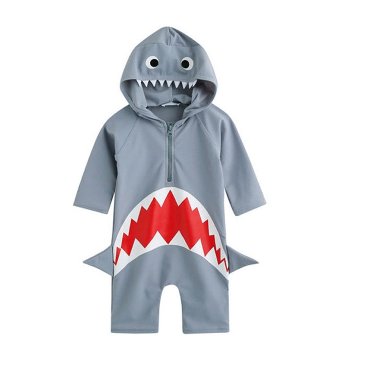 Light blue shark hooded swim romper with front zipper, red mouth graphic, and side fins